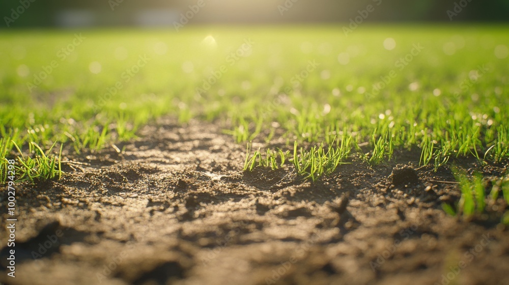 Detailed shot of worn football pitch grass, late afternoon sunlight Detailed shot of worn football pitch grass, late afternoon sunlight