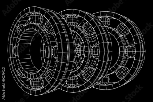 Roller bearing. Circular round rotating bearings used in industry for heavy equipment mechanical work and engineering. Wireframe low poly mesh vector illustration.