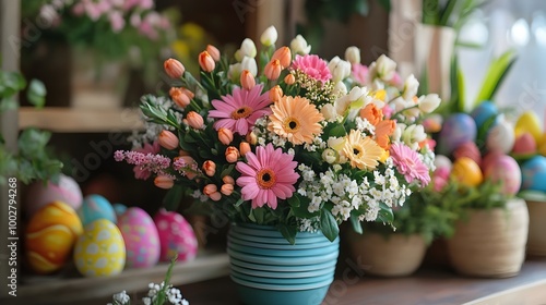 Joyful Easter floral scene featuring a beautiful bouquet of bright and vibrant flowers including tulips daisies and gerbera