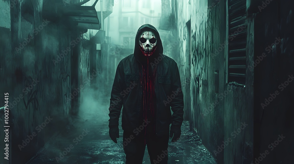 6. A masked figure with blood dripping from their weapon standing in a misty alleyway 6. A masked figure with blood dripping from their weapon standing in a misty alleyway