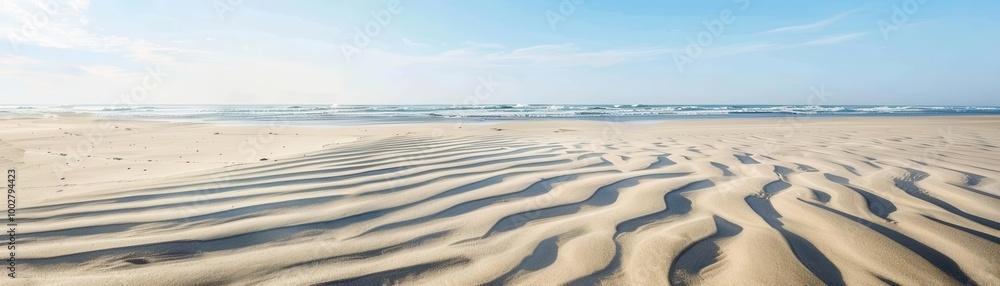 Obraz premium The delicate texture of soft sand with fine grains, wind-swept patterns, and subtle ripples, capturing the peaceful beach scene, natural texture, sandy landscape