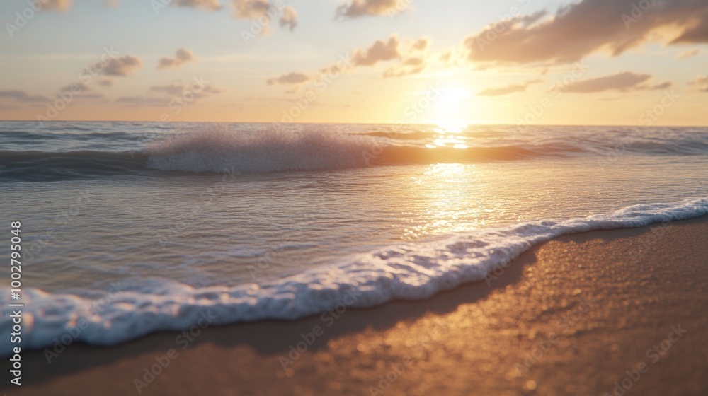 Golden hour on a tranquil beach, calm waves washing onto the shore Golden hour on a tranquil beach, calm waves washing onto the shore