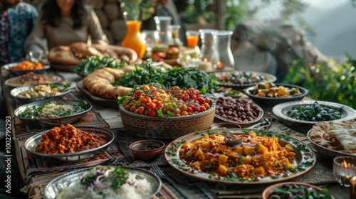 A family gathering around a beautifully decorated table, enjoying a traditional Eid al-Fitr meal together