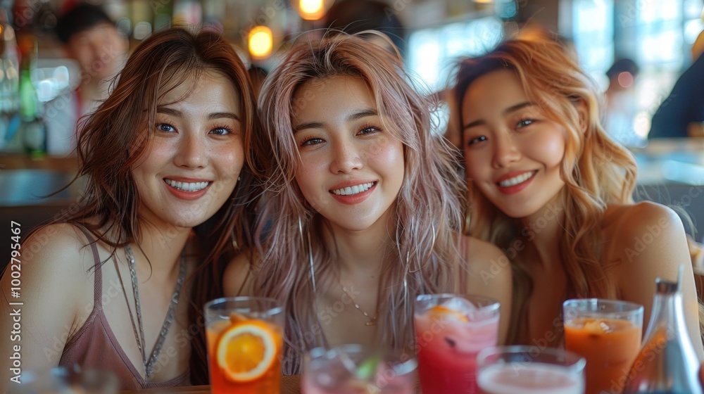 A group of stylish Korean girlfriends laughing together at a table filled with colorful desserts in a trendy cafe A group of stylish Korean girlfriends laughing together at a table filled with colorful desserts in a trendy cafe