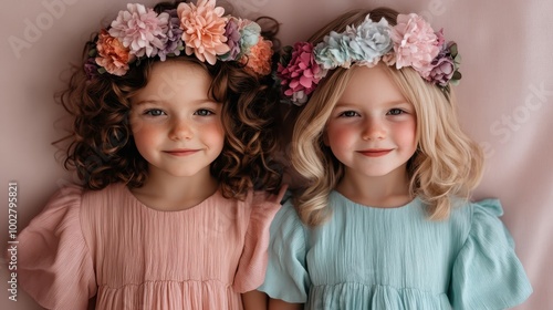 Two enchanting young girls in soft pastel dresses adorned with flower crowns smile sweetly, symbolizing purity and friendship, set against a serene background.