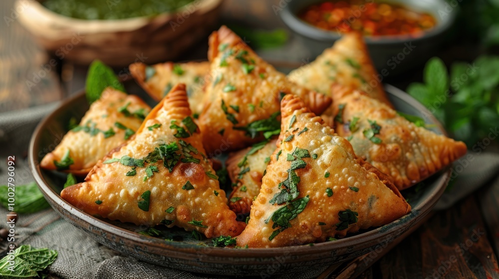 A delicious plate of samosas served with mint chutney and tamarind sauce A delicious plate of samosas served with mint chutney and tamarind sauce
