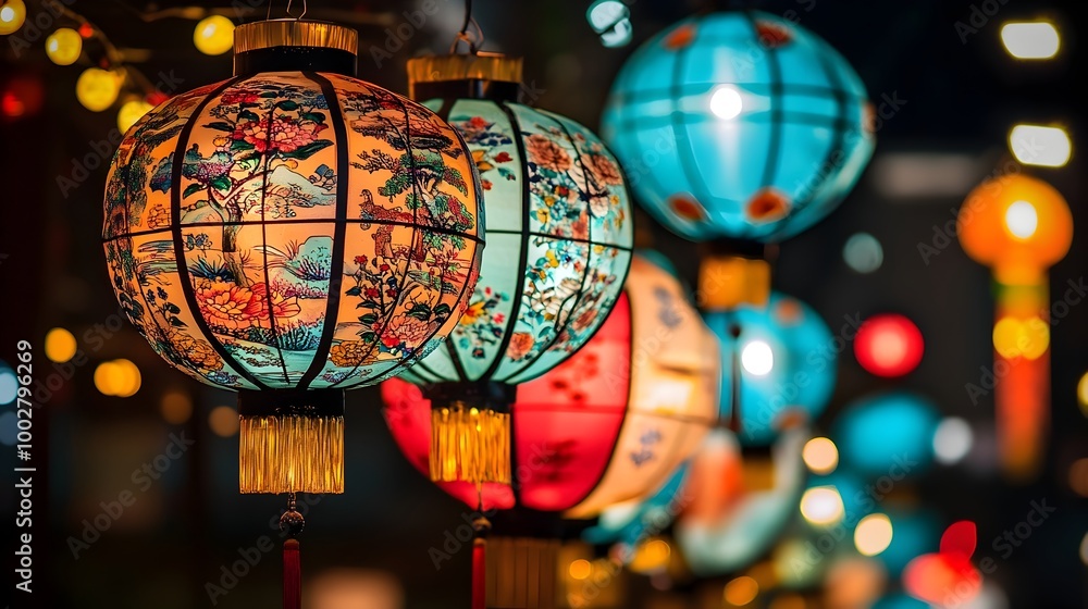 Fototapeta premium Beautifully illuminated Chinese New Year lanterns with intricate colorful designs showcasing traditional patterns and symbols of good luck fortune and prosperity during the festive holiday