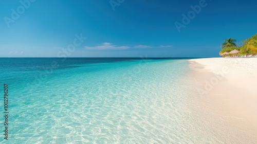 Tropical beach with clear turquoise water and white sand under a bright blue sky.