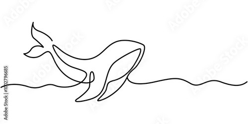 Whale tail drawing by one continuous line, blue whale drawing by one continuous line, vector, Whale dives into ocean water. Continuous one line drawing whale and Blue spot and sea waves. Abstract hand