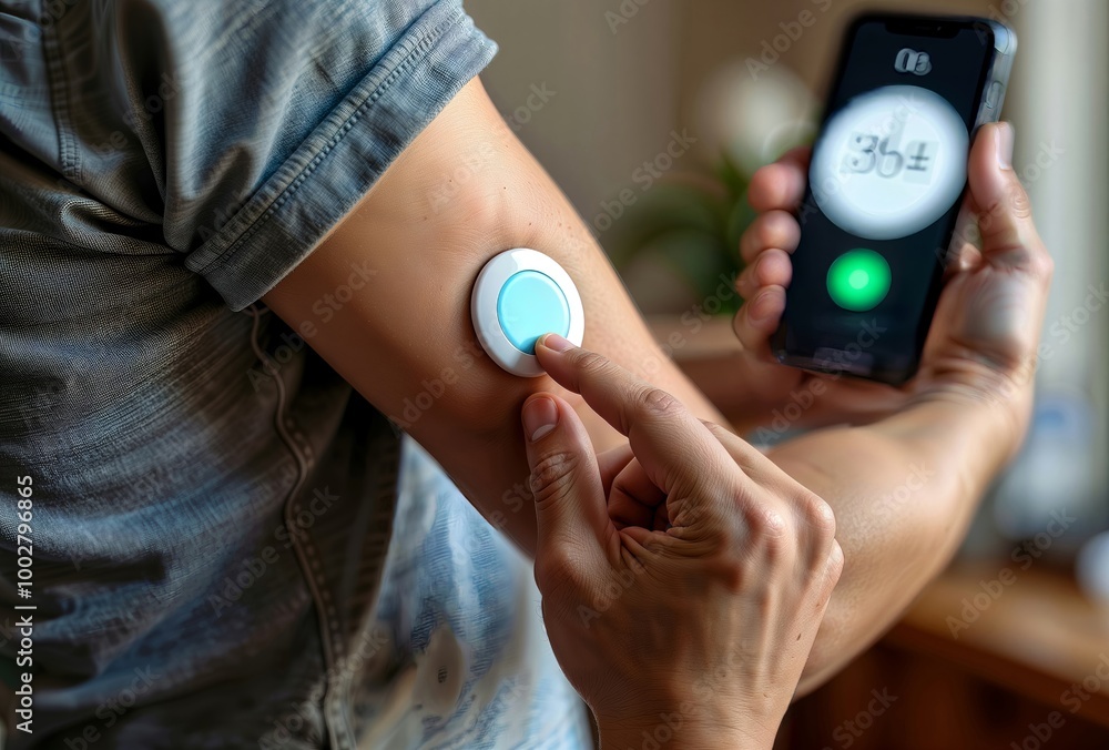 Continuous Glucose Monitoring. Person using a smartphone app to check glucose levels from a wearable sensor on their arm.