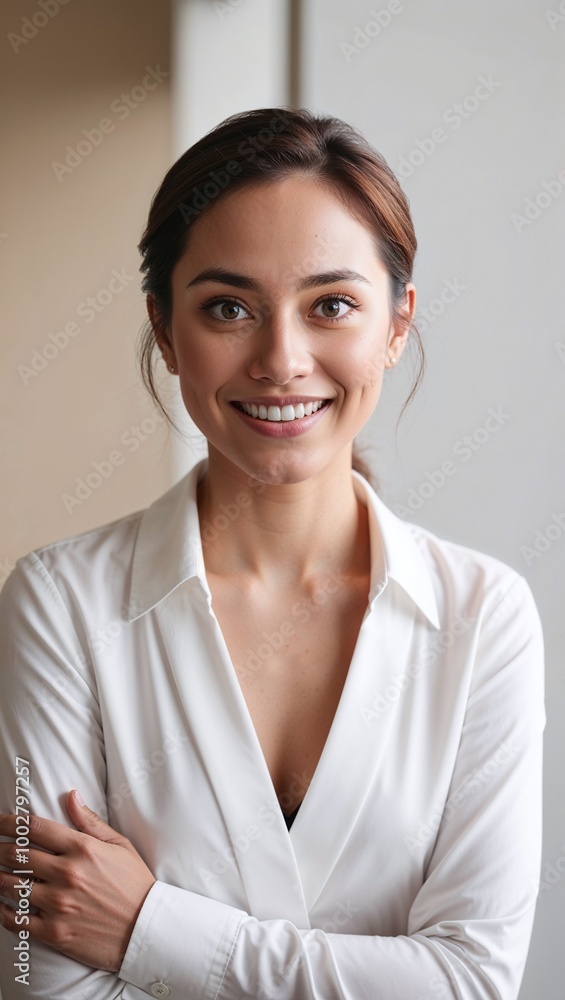 Warm portrait of a young employee woman with a friendly expression, emphasizing approachability in a high-resolution image Warm portrait of a young employee woman with a friendly expression, emphasizing approachability in a high-resolution image