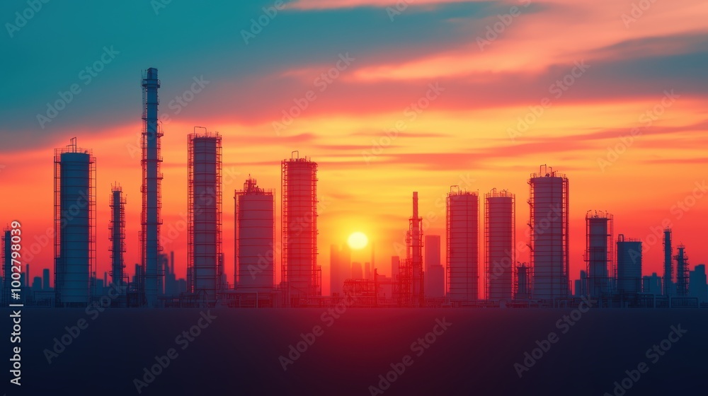 Industrial Skyline at Sunset with Colorful Clouds Industrial Skyline at Sunset with Colorful Clouds