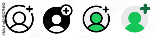 Vector follow, add user icon. Black, white background. Perfect for app and web interfaces, infographics, presentations, marketing, etc.