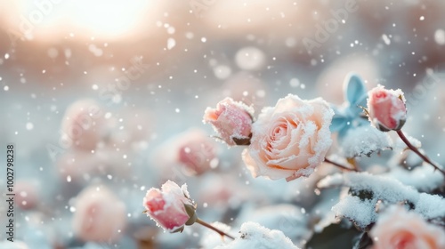 Pink roses unfold with grace amidst a flurry of falling snow, capturing a moment where life boldly asserts itself against the chill of winter's embrace. photo