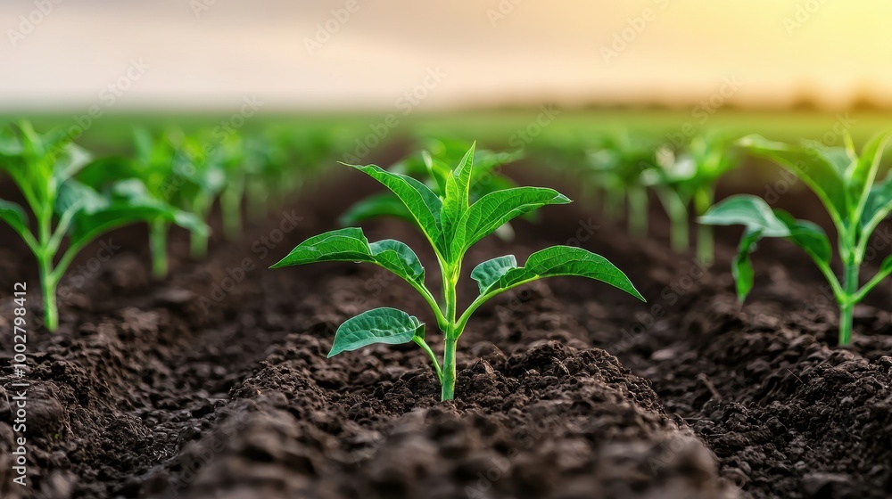 Fresh Green Seedling in Fertile Soil at Sunrise