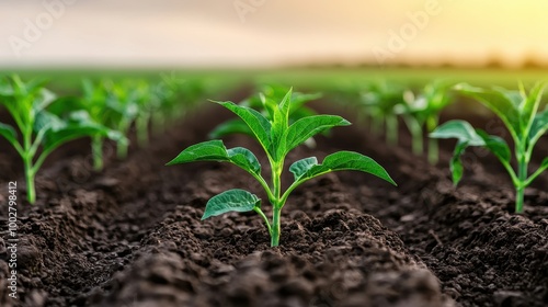 Fresh Green Seedling in Fertile Soil at Sunrise