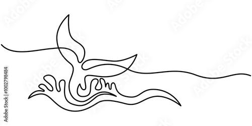 Photography Whale tail drawing by one continuous line, blue whale drawing by one continuous line, vector, Whale dives into ocean water