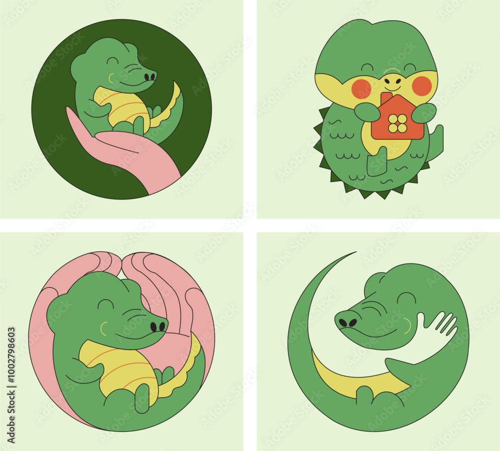 Naklejka premium Cute alligators - a set of logos. Minimalistic illustrations of crocodiles surrounded by care and have their own home. The design creates a feeling of safety, warmth and comfort. 