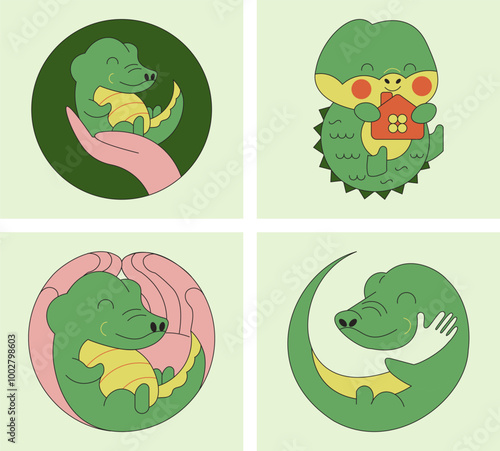 Cute alligators - a set of logos. Minimalistic illustrations of crocodiles surrounded by care and have their own home. The design creates a feeling of safety, warmth and comfort.  