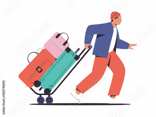 Person pushing luggage cart with suitcases illustration