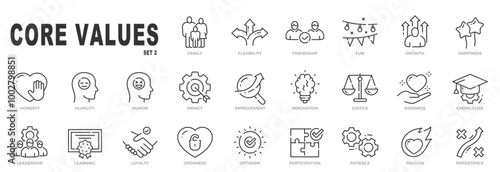Set of core values related icons. Frendship, improvement, justice, kindness etc. Editable stroke. Set 2