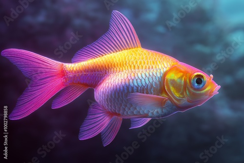 A vibrant goldfish with iridescent scales and a pink tail fin swims through a blue and purple background. photo