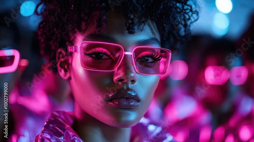 A woman with pink neon glasses stands amidst a backdrop filled with blue lights, showcasing a stylish and sophisticated expression against a vibrant scene.