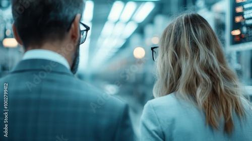 Two business professionals in a sleek modern office corridor, symbolizing teamwork and collaboration in a contemporary corporate environment.