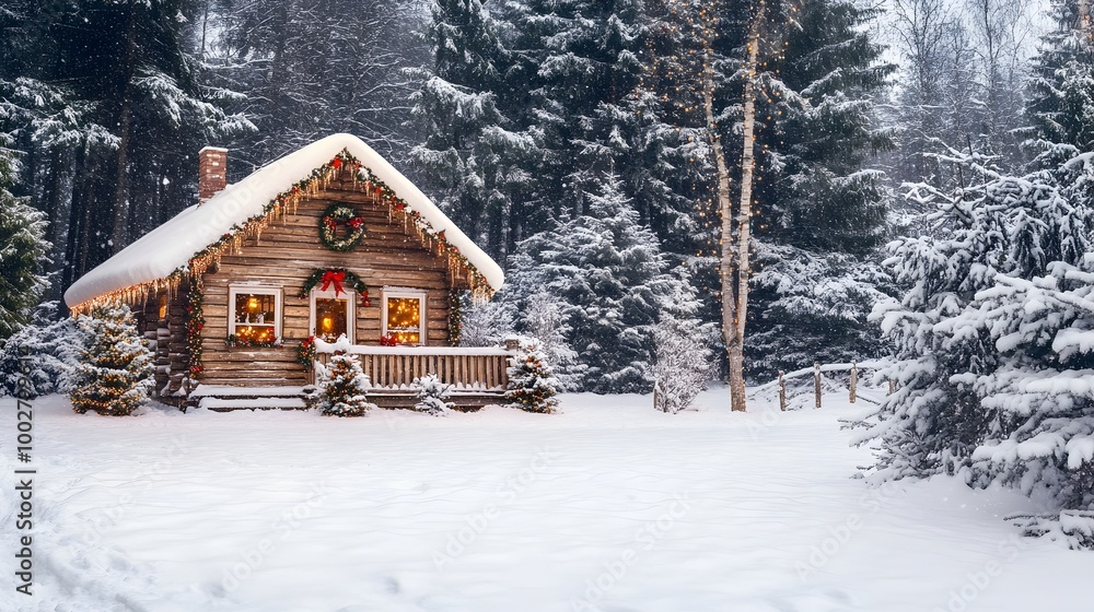 Naklejka premium Cozy Cabin Nestled in a Snowy Winter Wonderland with Festive for Family Christmas Gatherings and