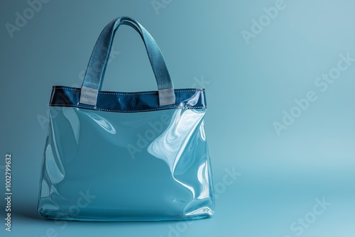 A transparent PVC beach bag with pastel blue accents, featuring sturdy handles, set against a soft blue background photo