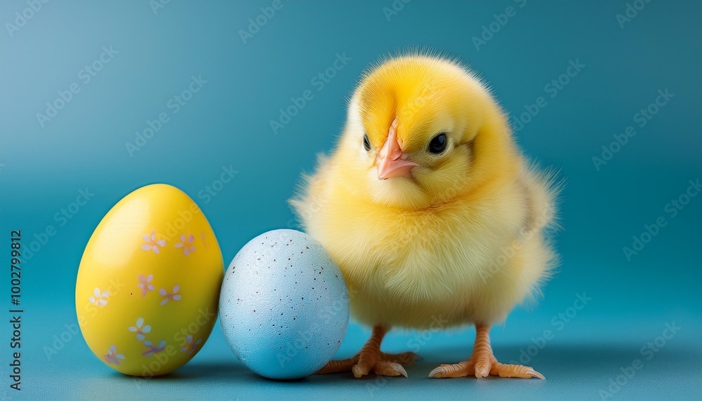 Close up photo of Easter chicks and easter eggs. with a plain color background Close up photo of Easter chicks and easter eggs. with a plain color background