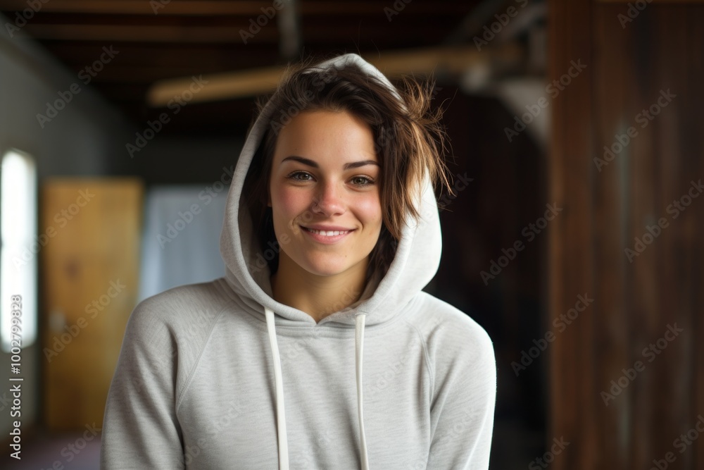 Portrait of a grinning woman in her 30s sporting a comfortable hoodie over empty modern loft background Portrait of a grinning woman in her 30s sporting a comfortable hoodie over empty modern loft background