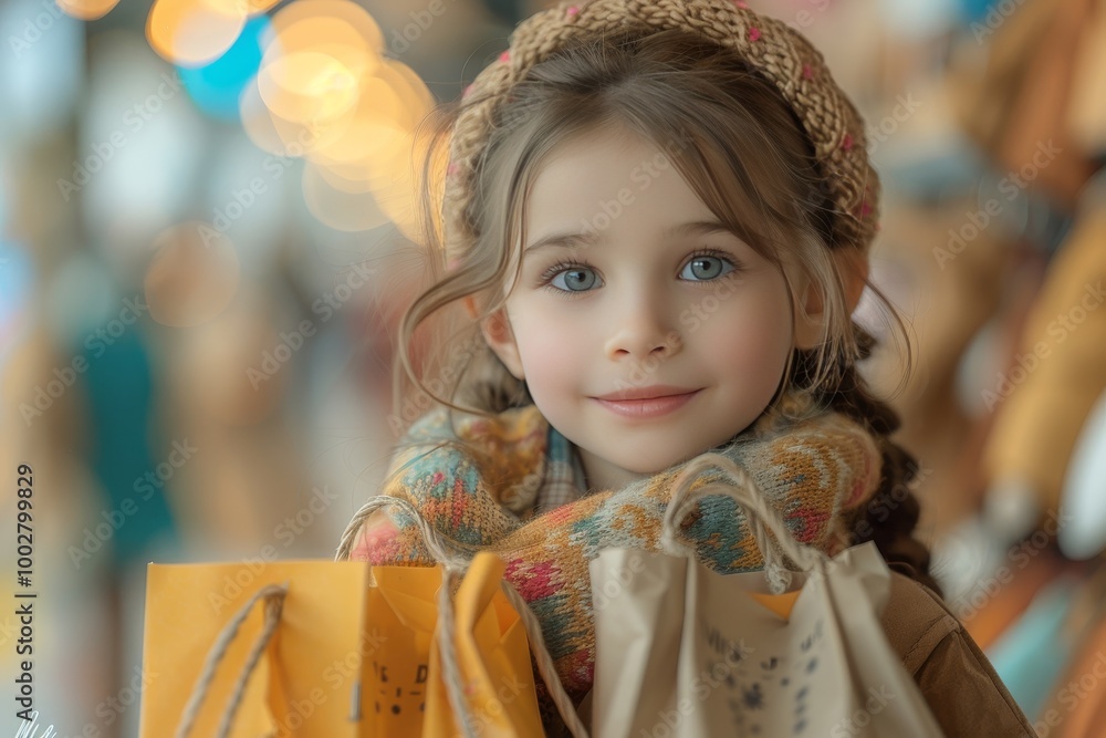 Joyful little girl shopping with bags at a fashion boutique during seasonal sale celebration Joyful little girl shopping with bags at a fashion boutique during seasonal sale celebration