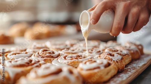 Fresh cinnamon rolls being lavishly coated with creamy icing, showcasing a delicious embrace of warmth and sweetness, inviting delight with classic baking artistry. photo