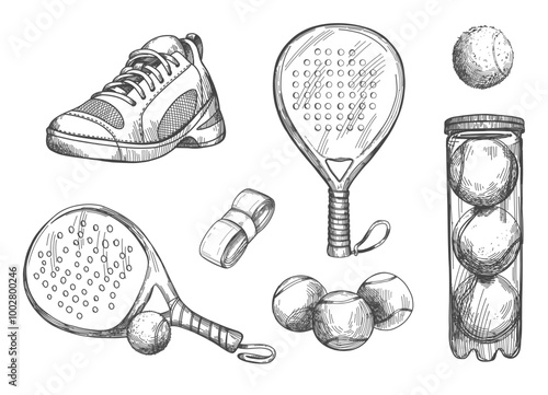 Vector seamless pattern with pickleball equipment. Pattern with balls and rackets, sports bottle and sneakers in sketch style.