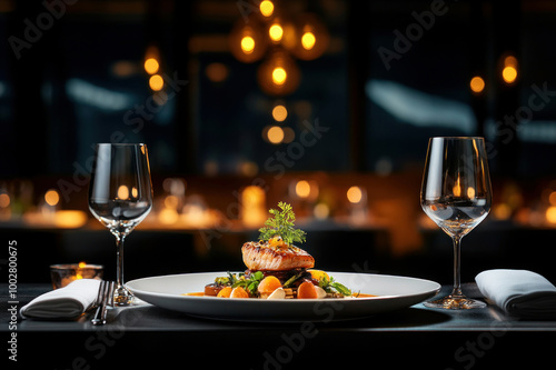 Gourmet dish on a dining table with elegant glasses and ambient lighting.