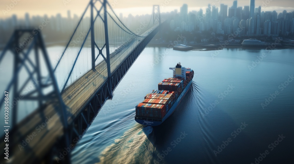 Cargo Ship with Colorful Containers on the Still Ocean at Sunrise Cargo Ship with Colorful Containers on the Still Ocean at Sunrise