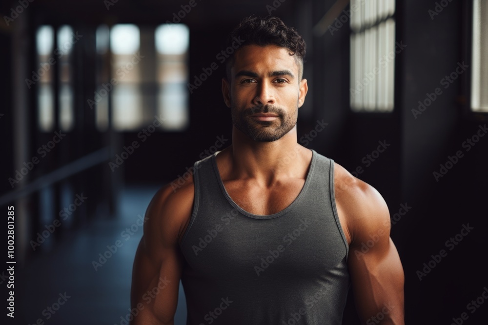 Portrait of a glad indian man in his 30s donning a trendy cropped top over empty modern loft background Portrait of a glad indian man in his 30s donning a trendy cropped top over empty modern loft background