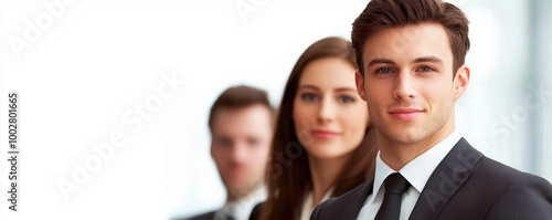 Confident professional team in suits, smiling at the camera, white background.