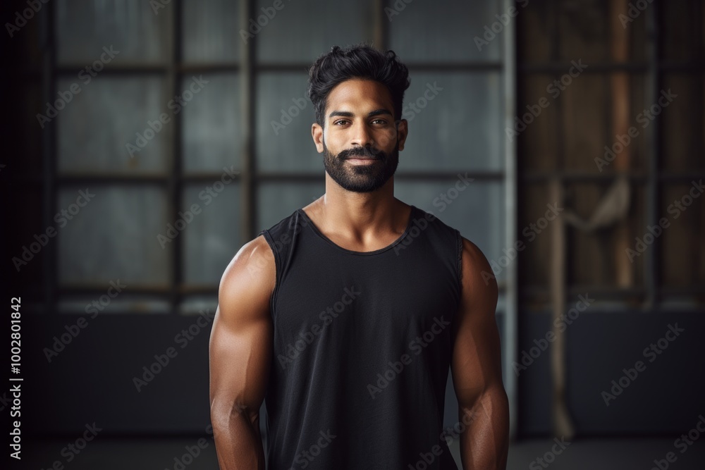 Portrait of a glad indian man in his 30s donning a trendy cropped top isolated in empty modern loft background Portrait of a glad indian man in his 30s donning a trendy cropped top isolated in empty modern loft background