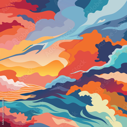 A vibrant and abstract illustration of a colorful sky, perfect for adding a touch of energy and whimsy to your designs. This visually striking graphic is ideal for backgrounds, social media.