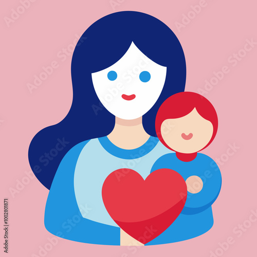 A sweet illustration of a mother holding a baby in her arms, both with a loving heart in front of them, depicting the strong bond and love between a mother and her child.