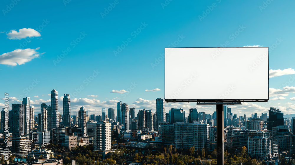 White horizontal billboard mockup on a city rooftop, panoramic cityscape stretching into the horizon, white horizontal billboard mockup cityscape, rooftop advertising White horizontal billboard mockup on a city rooftop, panoramic cityscape stretching into the horizon, white horizontal billboard mockup cityscape, rooftop advertising