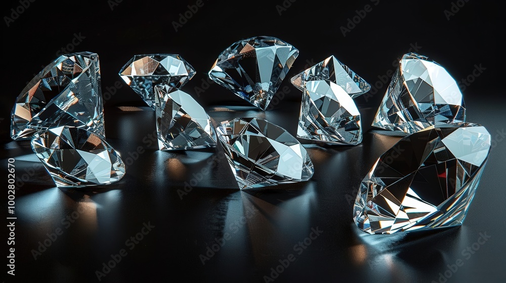 Shimmering diamonds displayed on a dark surface, showcasing brilliance and clarity in exquisite detail. Shimmering diamonds displayed on a dark surface, showcasing brilliance and clarity in exquisite detail.