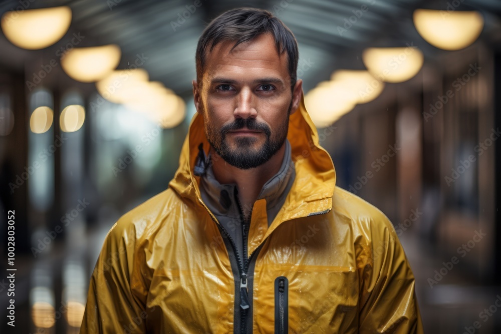 Portrait of a content man in his 30s sporting a waterproof rain jacket on empty modern loft background Portrait of a content man in his 30s sporting a waterproof rain jacket on empty modern loft background