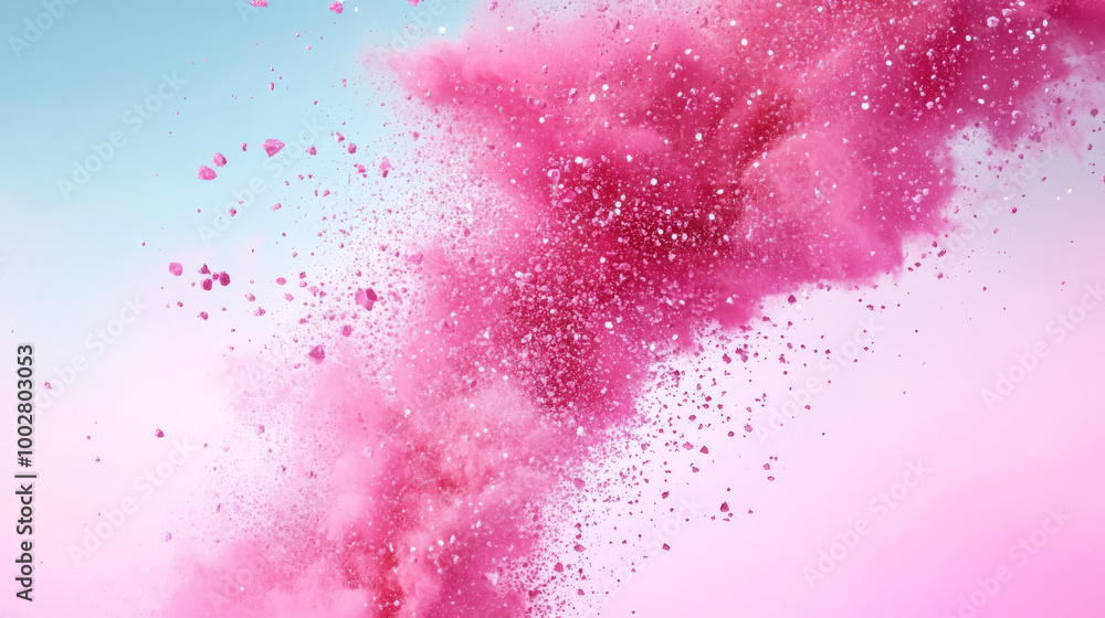 Pink powder explosion against a blue and pink background. Pink powder explosion against a blue and pink background.