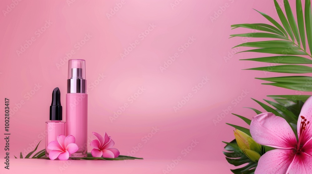Pink Beauty Products on Flat Surface with Flowers Pink Beauty Products on Flat Surface with Flowers