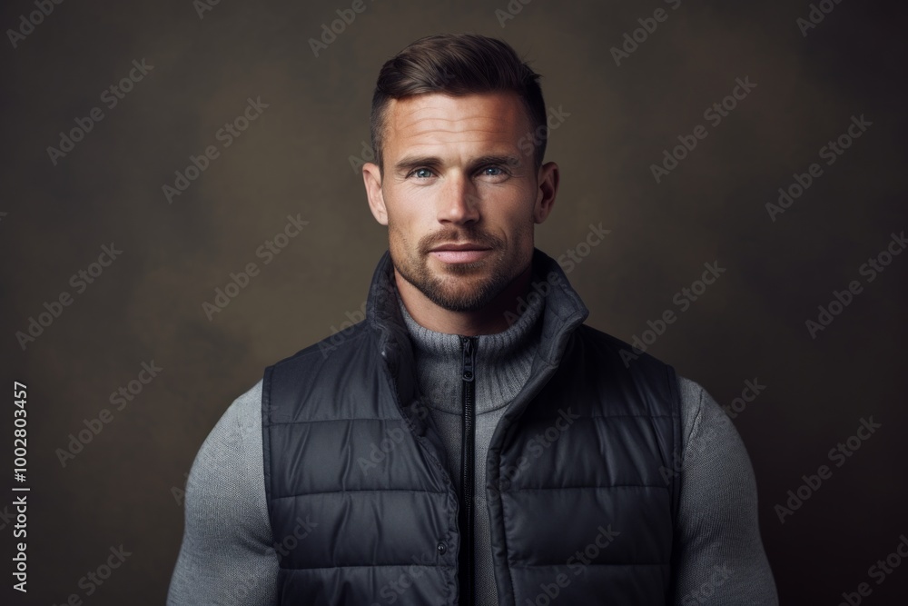 Portrait of a blissful man in his 30s dressed in a water-resistant gilet while standing against empty modern loft background Portrait of a blissful man in his 30s dressed in a water-resistant gilet while standing against empty modern loft background