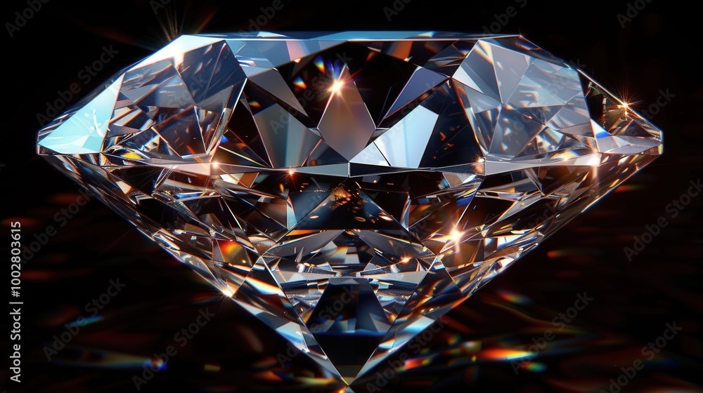 A stunning diamond featuring brilliant cuts and sparkling facets against a dark background, symbolizing luxury and elegance. A stunning diamond featuring brilliant cuts and sparkling facets against a dark background, symbolizing luxury and elegance.