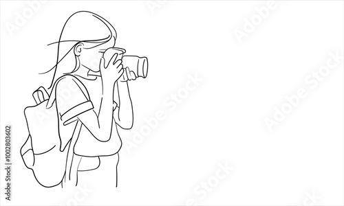 Girl photographer continuous line art drawing isolated on white background. Camera line art drawing. Vector illustration	